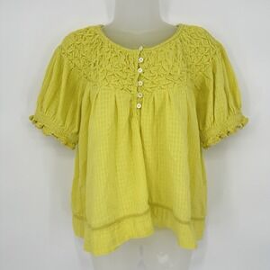 Sundance Top Women's M Yellow Sweet Pea Puff Smocking‎ Boho Cottage Femme Blouse